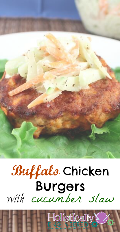 Buffalo Chicken Burgers with Cucumber Slaw